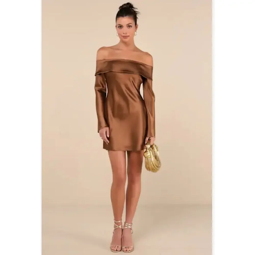 NWT Lulus Luxurious Vision Brown Satin Off-the-Shoulder Mini Dress Party Size L